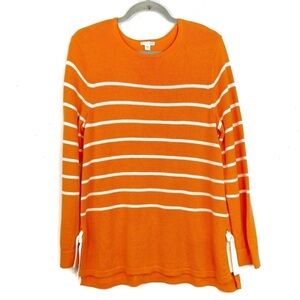 J. Jill Long Sleeve Orange White Striped Side Tie Crew Neck Knit Sweater Size M
